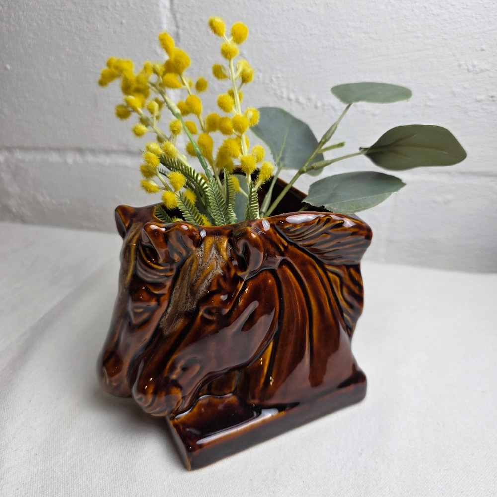 Vintage Brown Drip Glaze Ceramic Double Horse Head Planter Wall Pocket